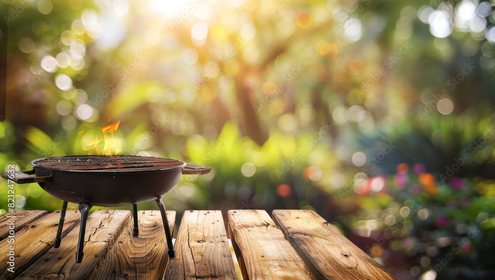 Barbecue grill on wooden table with blurred garden background for product display, mock up and copy space Barbecue grill on wooden table with blurred garden background for product display, mock up and copy space
