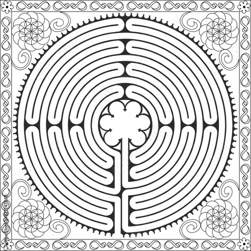 Page de Coloriage - Labyrinthe Cathédrale de Chartres Illustration Vecteur - Symbolisme Méditation Histoire - Motif Floral - Géometrie Sacrée photo