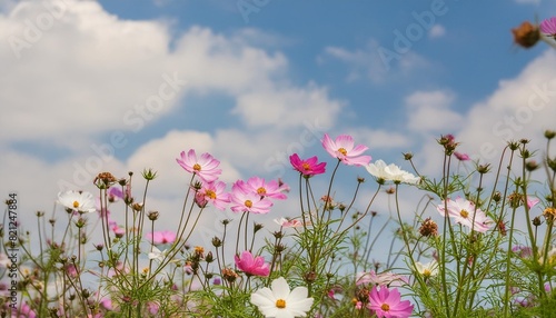 cosmos flower cosmos bipinnatus with blue sky background selective focus generative ai photo