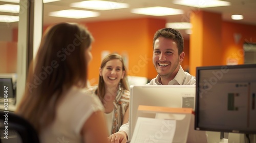 The photo shows a group of people working together in an office. They are smiling and laughing, and they look like they are enjoying their work. The photo is taken from a slightly elevated angle, and