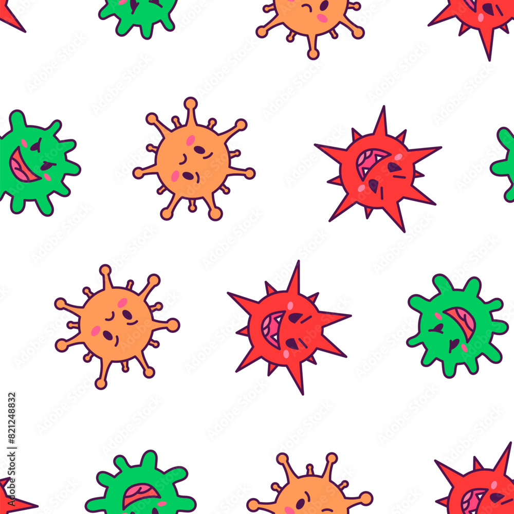Viruses kawaii. Seamless pattern. Cute cartoon characters of bacterial infection and microbe. Hand drawn style. Vector drawing. Design ornaments. Viruses kawaii. Seamless pattern. Cute cartoon characters of bacterial infection and microbe. Hand drawn style. Vector drawing. Design ornaments.