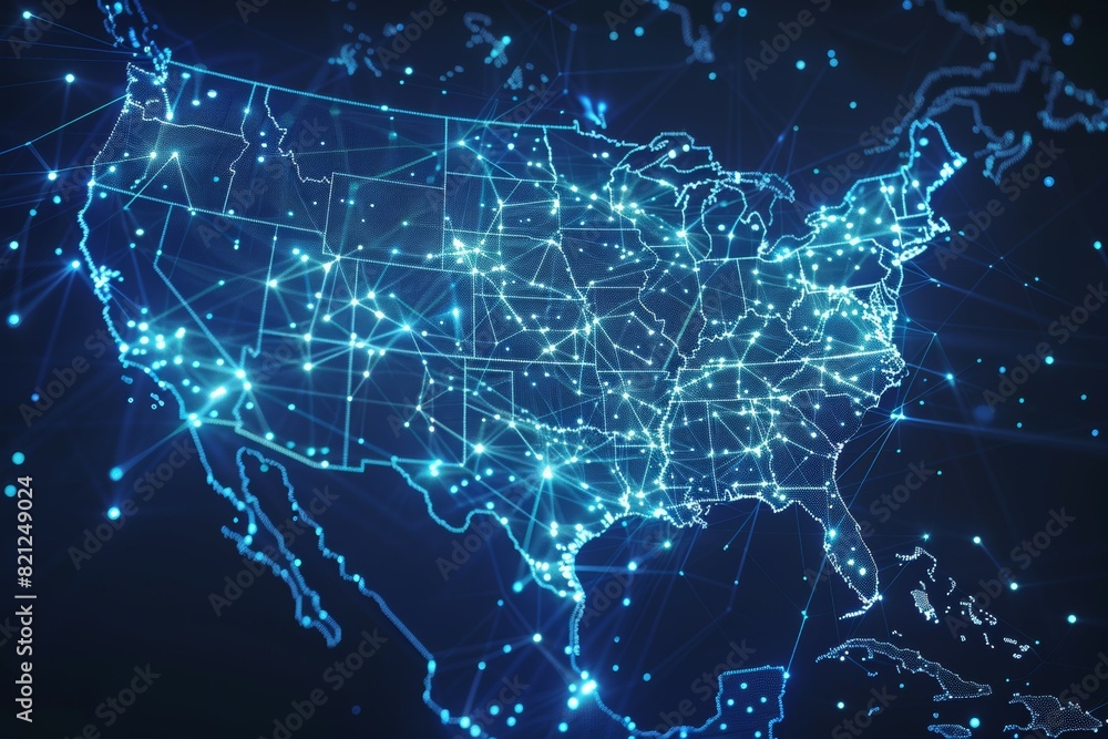 A map of the United States is shown in blue with a lot of dots A map of the United States is shown in blue with a lot of dots