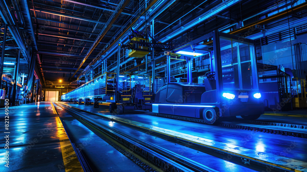 Modern industrial facility at night with automated guided vehicles ...
