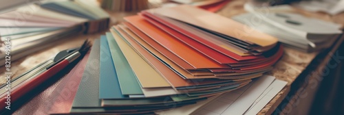An array of colorful paper samples spread out on a wooden table, indicative of design choices