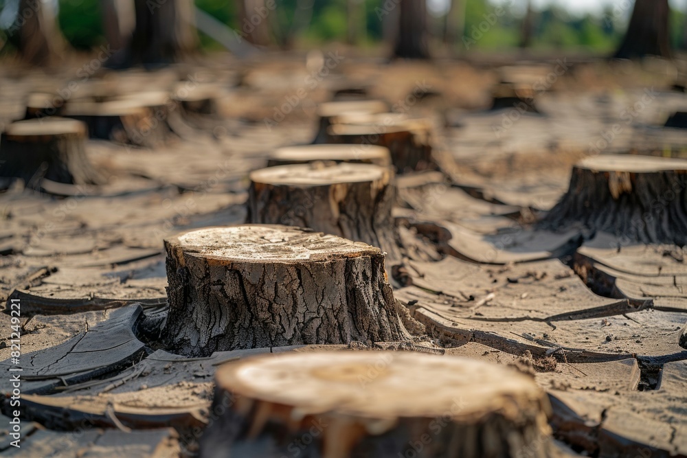 Stump from felled tree in drought concept. Record summer heat. Background of the consequences of environmental problems Stump from felled tree in drought concept. Record summer heat. Background of the consequences of environmental problems