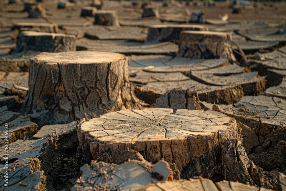 Stump from felled tree in drought concept. Record summer heat. Background of the consequences of environmental problems Stump from felled tree in drought concept. Record summer heat. Background of the consequences of environmental problems