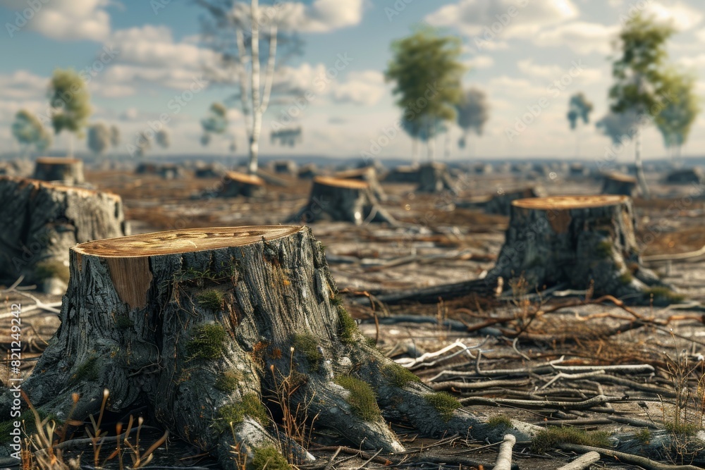 Stump from felled tree in drought concept. Record summer heat. Background of the consequences of environmental problems Stump from felled tree in drought concept. Record summer heat. Background of the consequences of environmental problems