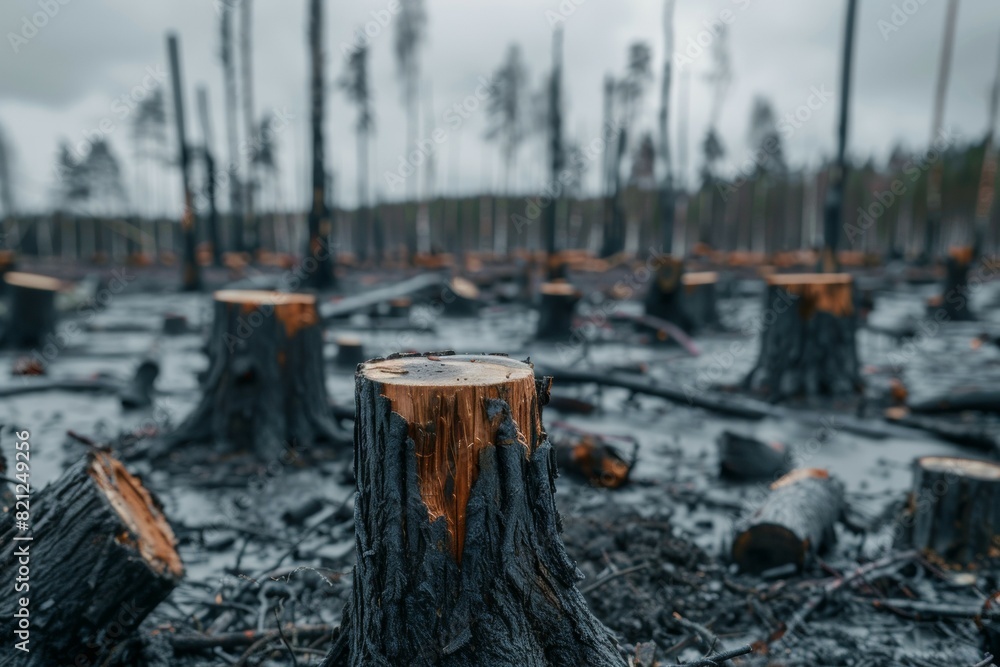 Stump from felled tree in drought concept. Record summer heat. Background of the consequences of environmental problems Stump from felled tree in drought concept. Record summer heat. Background of the consequences of environmental problems