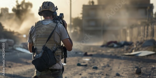 A soldier equipped with combat gear and a camera captures footage in a desolate, war-affected landscape