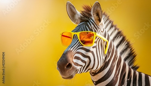portrait of a cute zebra with funny yellow sunglasses yellow background copy space