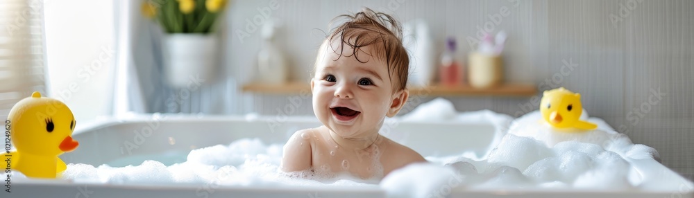 A happy baby enjoying a bubble bath with yellow rubber ducks. Smiling child sitting in a bathtub having fun with bath toys in a bright bathroom. A happy baby enjoying a bubble bath with yellow rubber ducks. Smiling child sitting in a bathtub having fun with bath toys in a bright bathroom.