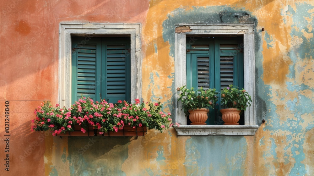 decorative details of houses, such as ornate doors, windows with colored shutters, or flower pots on window sills generative ai