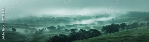 A serene  misty landscape with rolling hills and lush greenery  creating a calm and tranquil atmosphere in the early morning light.