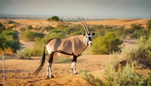 oryx african oryx or gemsbok oryx gazella searching for food in the dry red dunes of the kgalagadi transfrontier park in south africa photo
