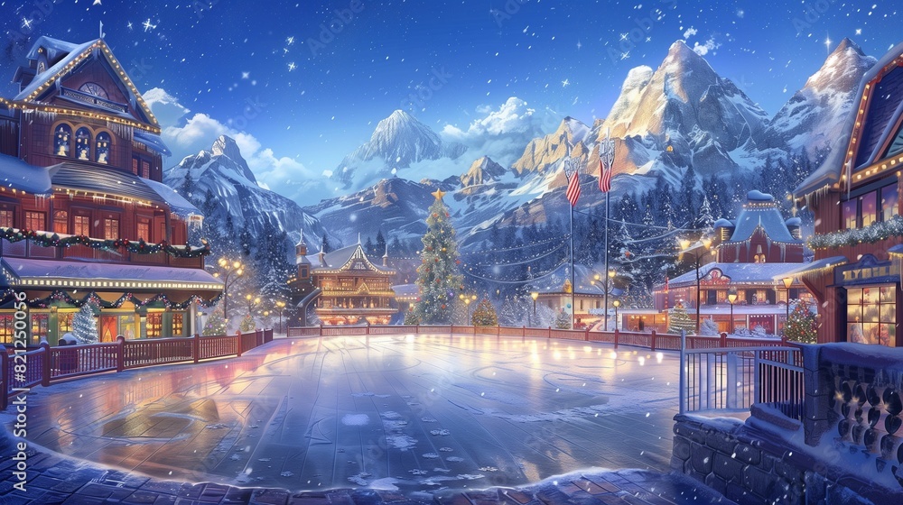 A sparkling winter wonderland with ice-skating rink, snow-capped mountains, and a sky filled with shimmering stars, capturing the enchantment of the holiday season.