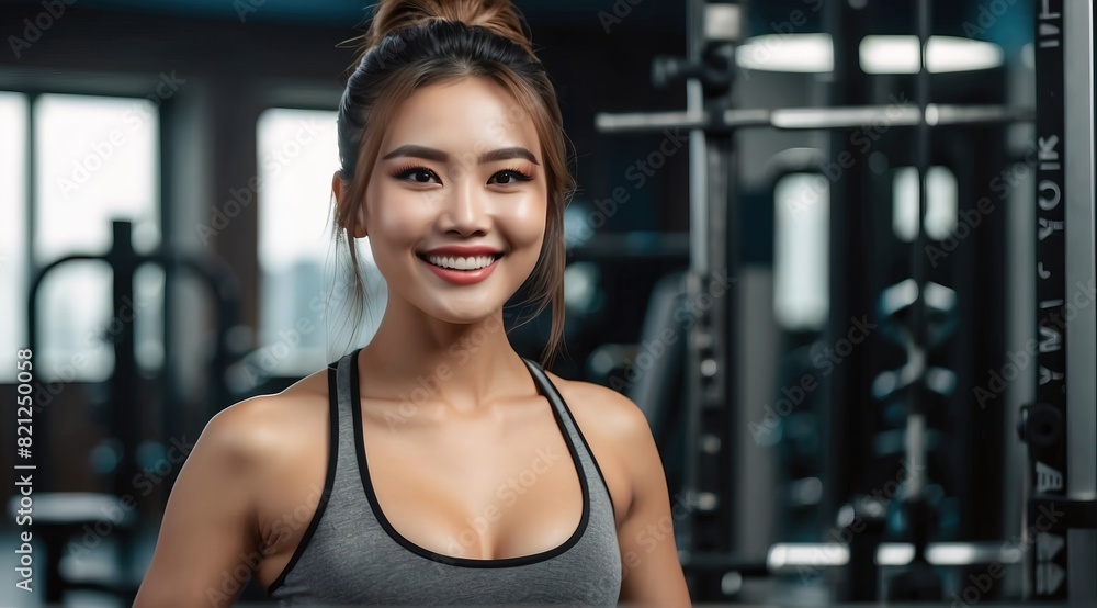 Beautiful attractive asian woman model fitness trainer smiling in the gym Beautiful attractive asian woman model fitness trainer smiling in the gym