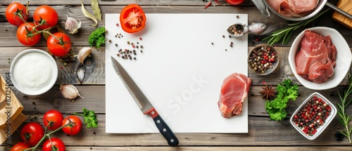 Top view of a cutting board with a blank recipe book, knife and ingredients for cooking on a wooden table.