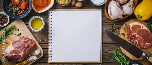 Blank recipe book page surrounded by ingredients.