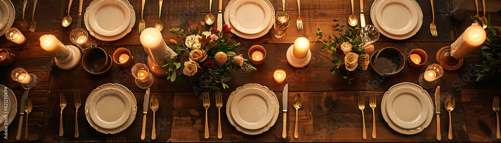 A table with a lot of white plates and silverware A table with a lot of white plates and silverware