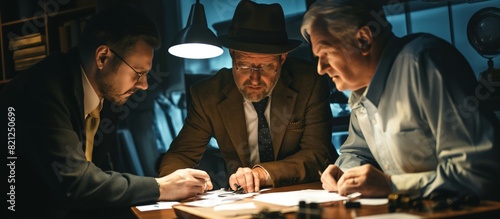 Three men gathered around a table in a dark, vintage office setting appear to be engaged in a serious, clandestine discussion photo