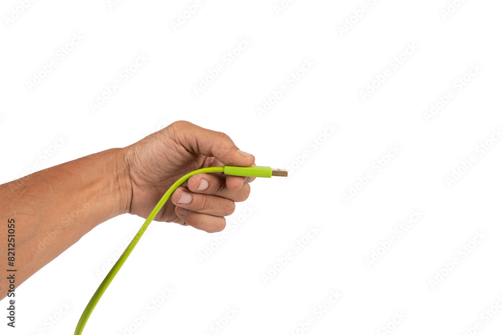 Black male hand holding a green USB cable isolated on white background Black male hand holding a green USB cable isolated on white background