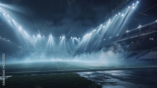 A night stadium for soccer football with spotlights and fog on the stage. Generative AI © Johannes