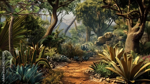 A tropical dry forest with a unique mix of deciduous trees  succulents  and wildlife  showcasing the biodiversity of seasonal ecosystems.