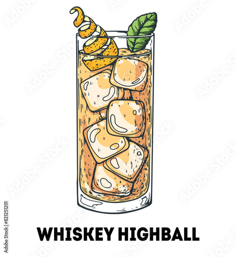 Whiskey highball cocktail illustration. Hand drawn sketch. Vector illustration. Isolated object.