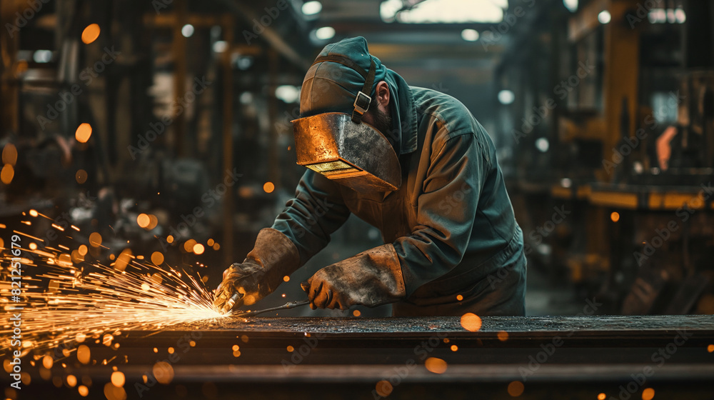 Skilled Welder in Action, Sparks Flying in an Industrial Workshop Skilled Welder in Action, Sparks Flying in an Industrial Workshop
