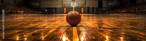 Basketball on a wooden court with a hoop in the background, shot in a dimly lit indoor stadium. Reflective surface intensifies the ambiance. photo