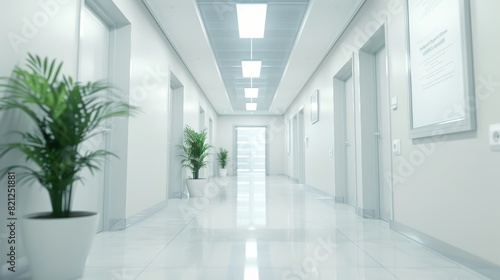 Bright  modern corridor with potted plants and white walls  creating a clean and professional atmosphere in a medical or office setting.