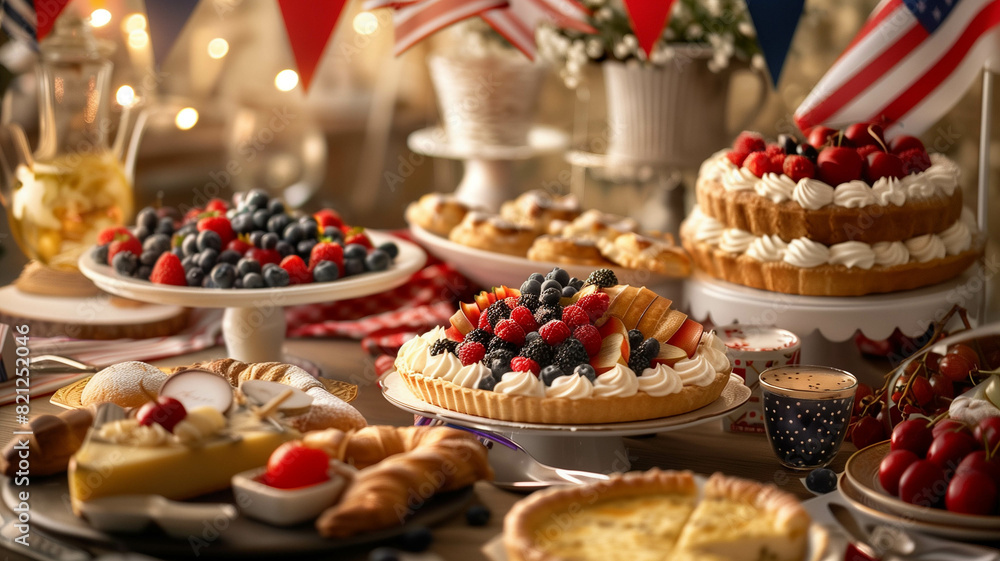 festive Bastille Day table set with French pastries, quiche, and fresh fruits festive Bastille Day table set with French pastries, quiche, and fresh fruits