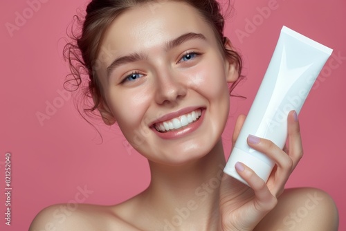 A woman is holding a white tube of makeup