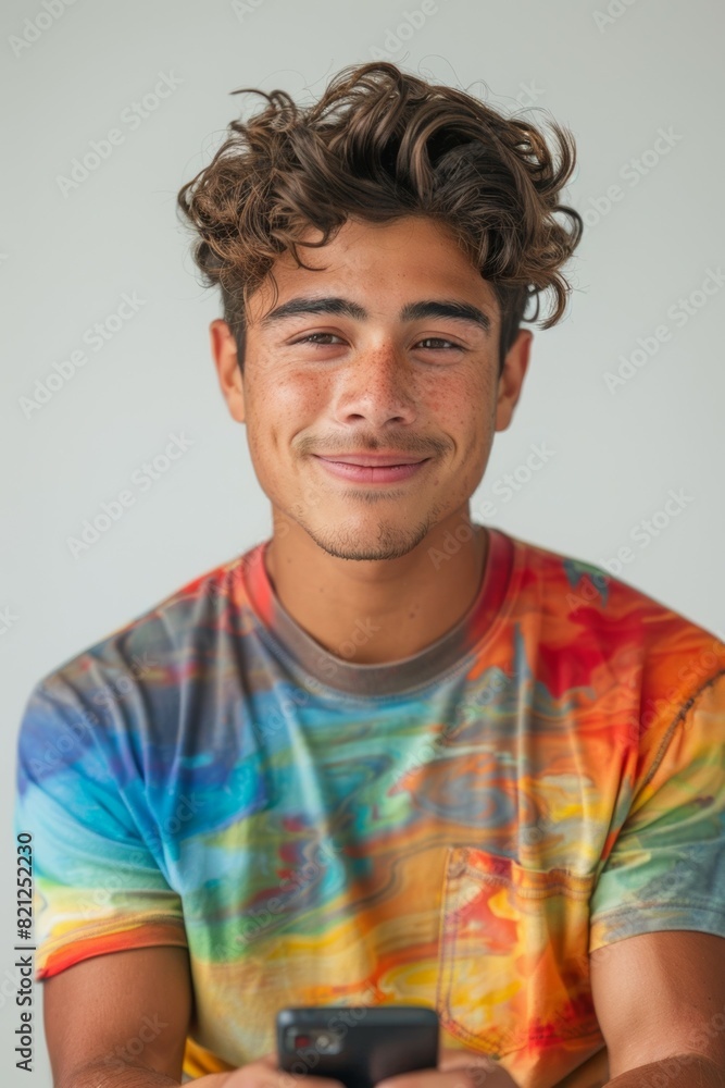 A young man with a colorful shirt is holding a cell phone A young man with a colorful shirt is holding a cell phone