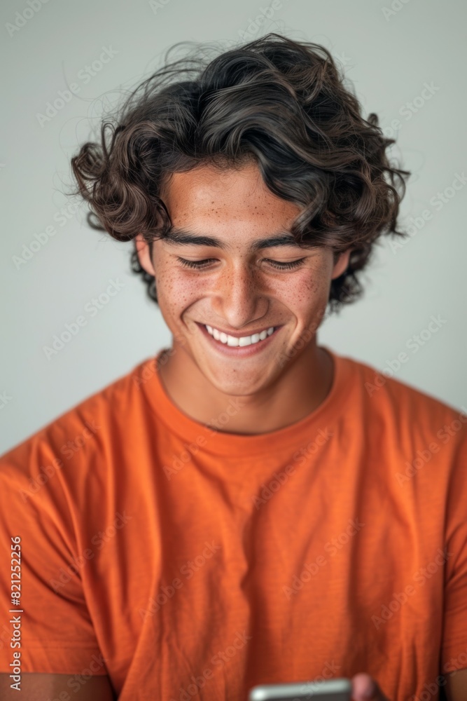A young man is smiling and holding a cell phone A young man is smiling and holding a cell phone