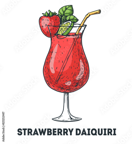 Strawberry daiquiri cocktail illustration. Hand drawn sketch. Vector illustration. Isolated object.