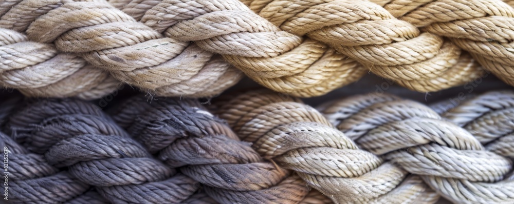 Close-up shot of thick, intertwined ropes in various shades, depicting strength, texture, and craftsmanship. Ideal for nautical and industrial themes. Close-up shot of thick, intertwined ropes in various shades, depicting strength, texture, and craftsmanship. Ideal for nautical and industrial themes.
