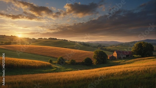 A rural landscape with a small house in the middle. There are trees around the house and it's surrounded by grass. The sun is setting in the background.