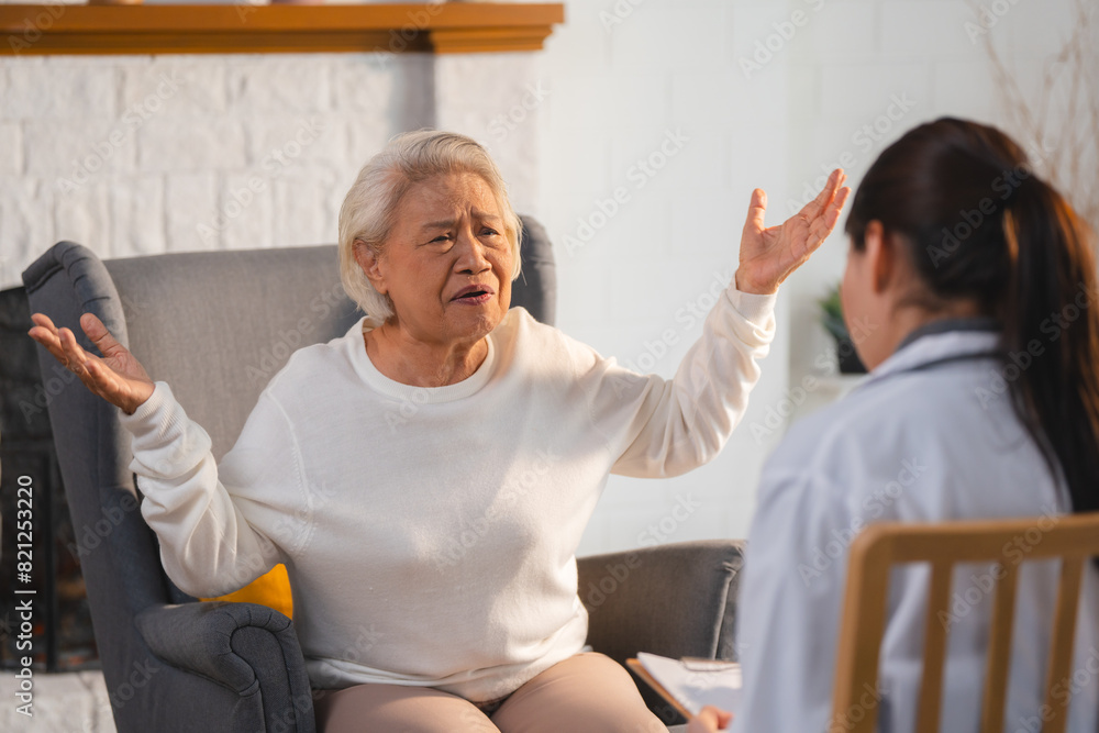 Fototapeta premium nursing home assistance in health insurance business concept, asian woman doctor or nurse caregiver support health care to elderly senior patient person, caretaker in medicals care recovery service