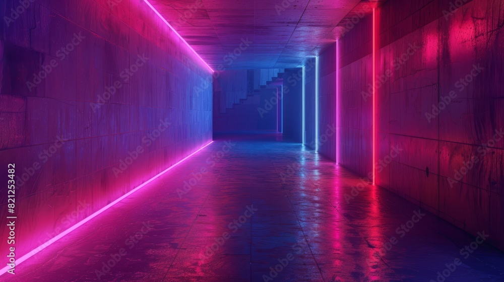 Illuminated dark concrete surface surrounded by modern neon colour lights