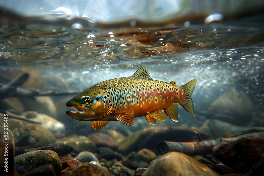 Trout Fish Swimming in Clear River Water Trout Fish Swimming in Clear River Water
