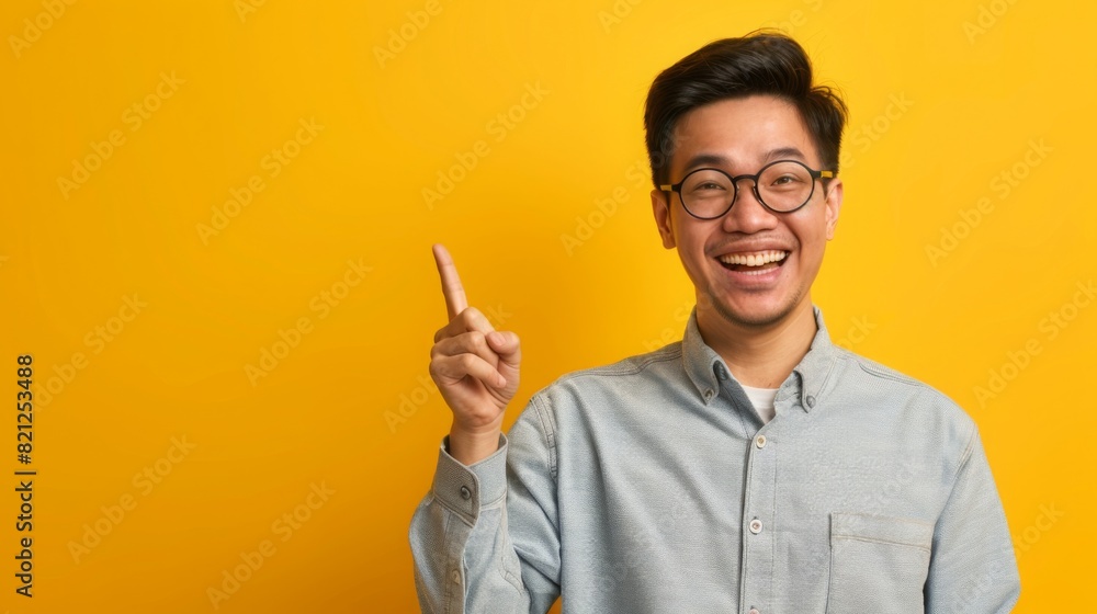 A cheerful Asian man in glasses and a light-colored shirt points upwards while smiling, standing in front of a vivid yellow background. A cheerful Asian man in glasses and a light-colored shirt points upwards while smiling, standing in front of a vivid yellow background.