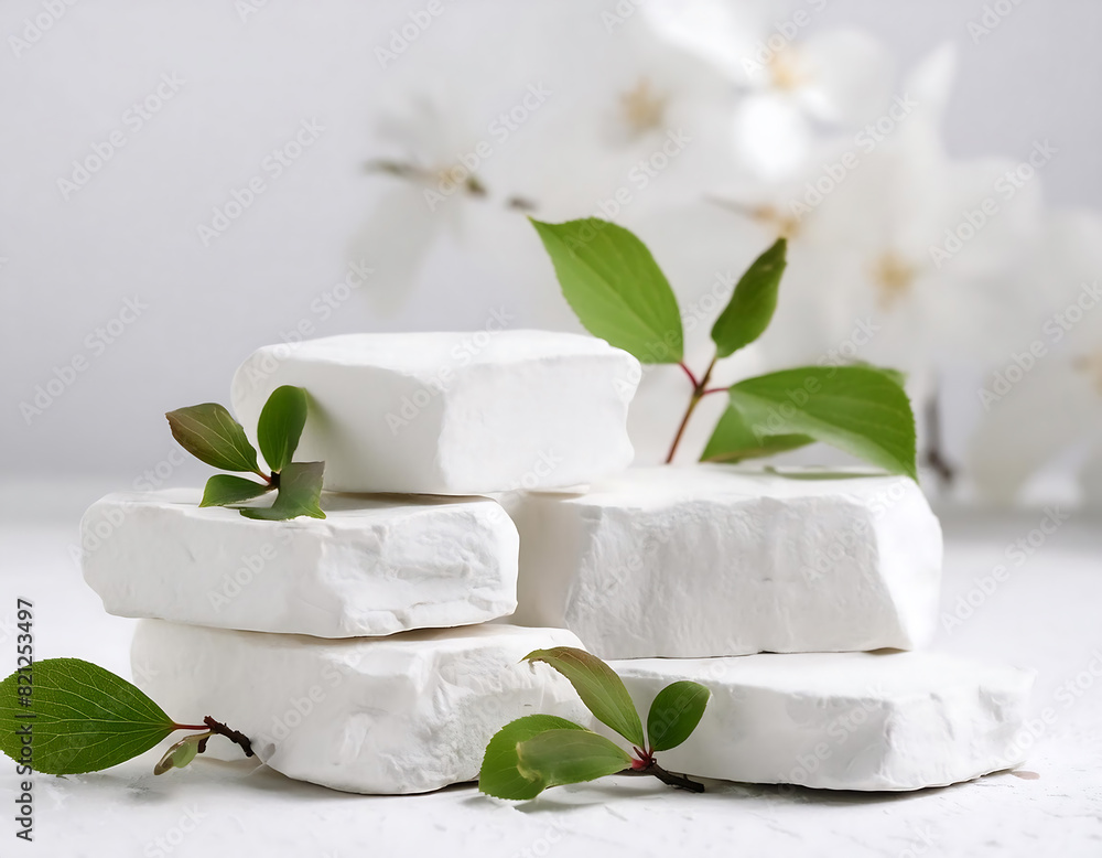 White pieces of stone slabs forming a product podium for product display White pieces of stone slabs forming a product podium for product display