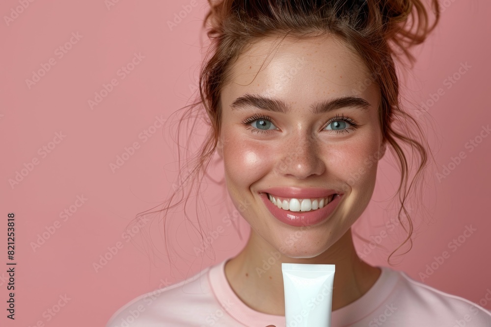 A woman with blonde hair and blue eyes is smiling and holding a tube of makeup A woman with blonde hair and blue eyes is smiling and holding a tube of makeup