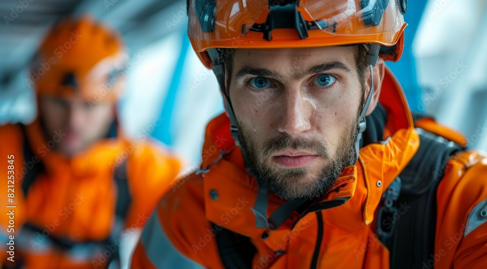 A man in an orange jacket and helmet is looking at the camera A man in an orange jacket and helmet is looking at the camera