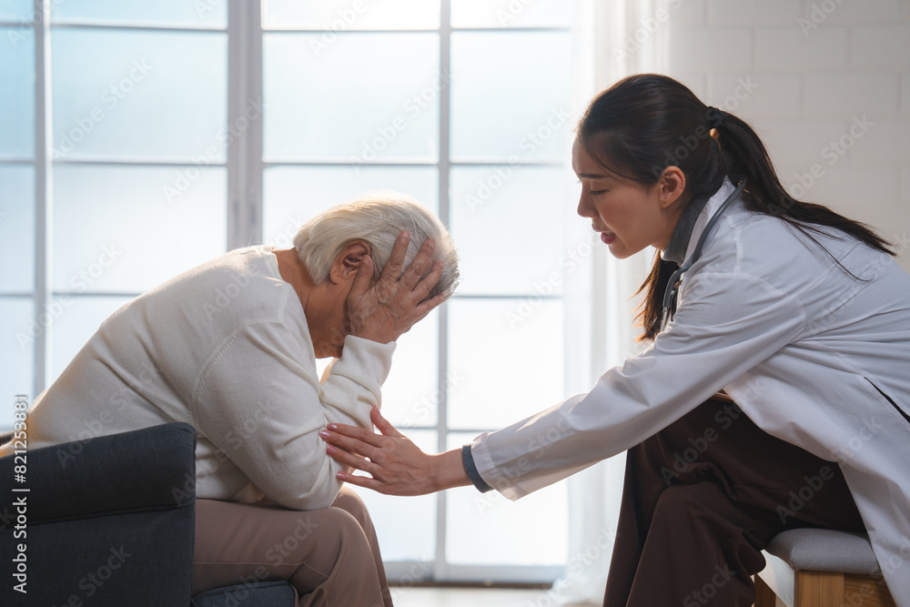 Fototapeta premium nursing home assistance in health insurance business concept, asian woman doctor or nurse caregiver support health care to elderly senior patient person, caretaker in medicals care recovery service