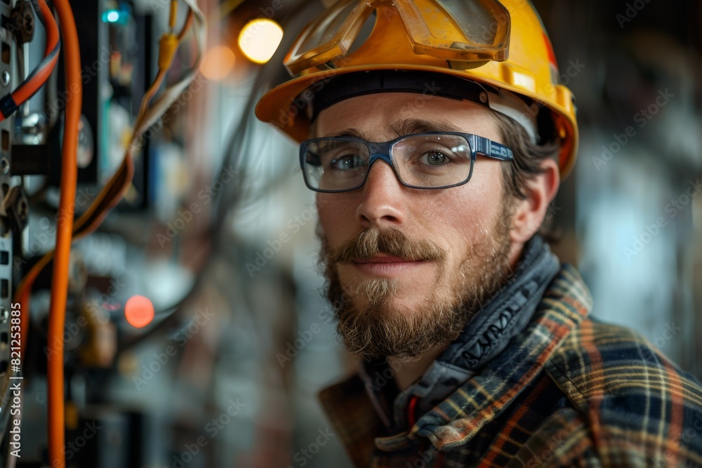 A man with a yellow hard hat and glasses is smiling at the camera A man with a yellow hard hat and glasses is smiling at the camera