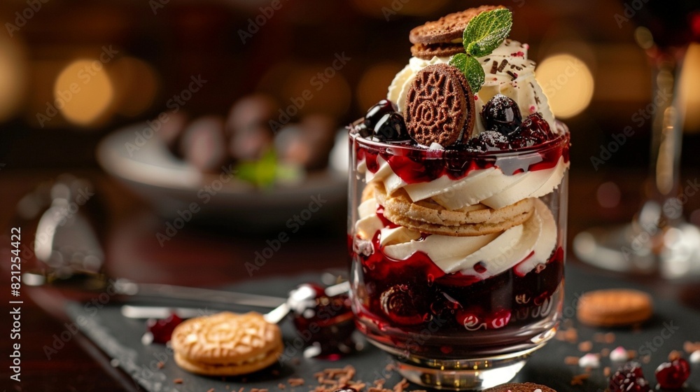 delicious dessert in a glass with cookies, cream and jam