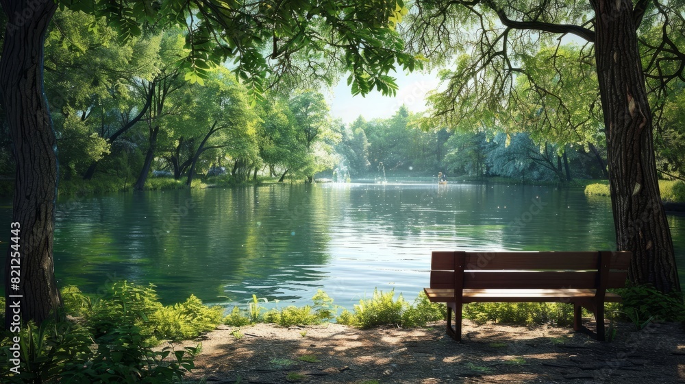 Serene park scene with bench overlooking calm lake surrounded by lush green trees bathed in warm sunlight Serene park scene with bench overlooking calm lake surrounded by lush green trees bathed in warm sunlight