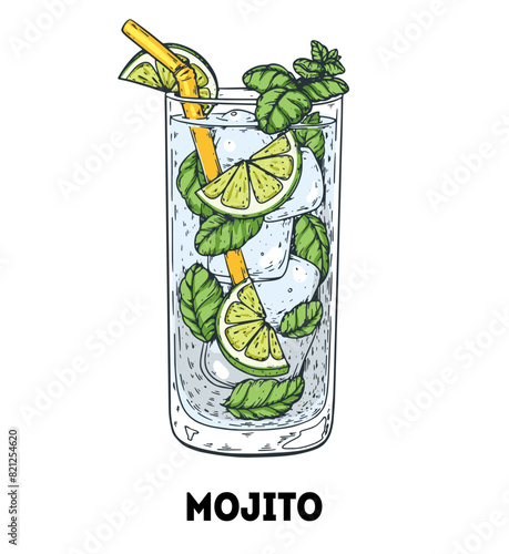 Mojito cocktail illustration. Hand drawn sketch. Vector illustration. Isolated object.
